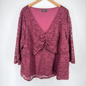 Lane Bryant Lace Babydoll Top Size 24 Burgundy Ruched Sheer Stretch Romantic